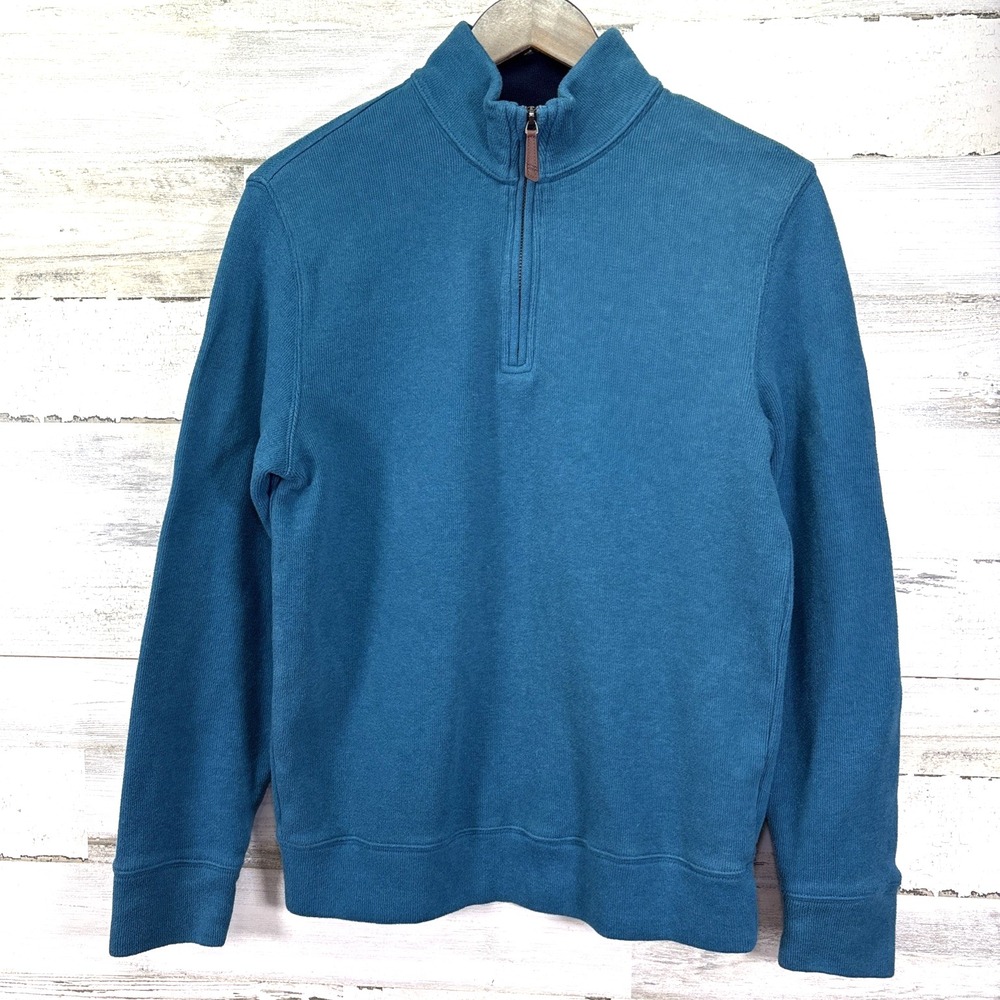 Lands End Mens Turquoise Blue 1/4 Zip 100% Cotton Mock Neck Long Slv Sweater S